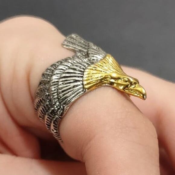 Men's Solid 925 Sterling Thai Silver Ring Gold Eagle Fully Adjustable Size Gift!